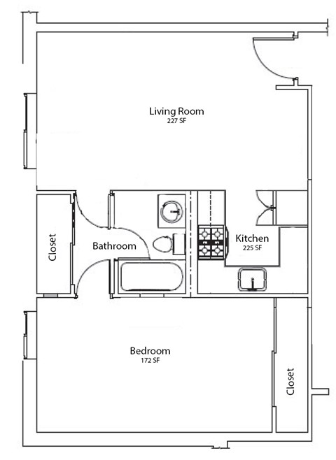 A floor plan of a small apartment with a living room, kitchen, bathroom and bedroom.